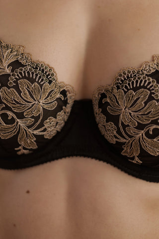 Underwired bra made of Italian silk, embroidery and tulle - beige/black